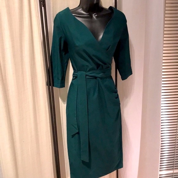 Women's Green Faux Wrap V Neck 3/4 Sleeve ruched Work Belted knee length dress - Picture 9 of 9